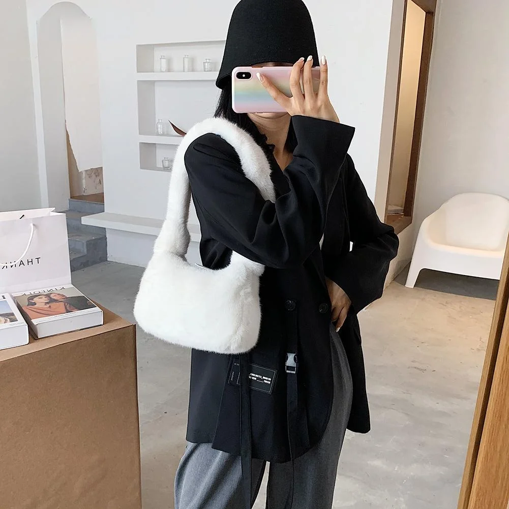 Women Plush Soft Handbag Fashion Solid Color Shoulder Underarm Bag Autumn Winter Fashion Comfortable Fluffy Female Tote Handbag - Image 2