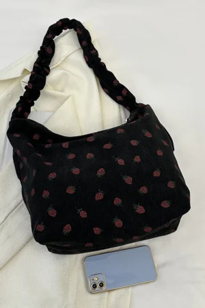 Women Strawberry Pattern Tote Bag with Ruched Strap Strawberry Pattern Satchel Bag Corduroy Large Capacity Ladies Dating Bag