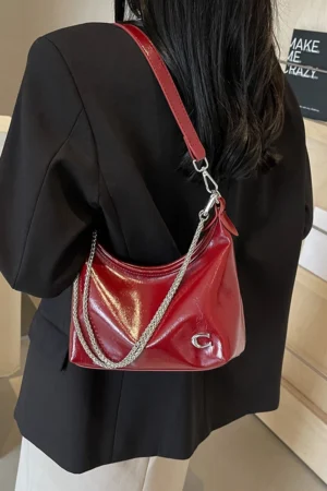 Women PU Casual Tote Handbag Large Capacity Chain Sling Bag Zipper Closure Elegant Underarm Bag Multi-pockets Simple Satchel Bag