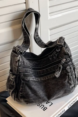 Women Casual Satchel Bag Large Capacity Denim Vintage Messenger Bag Adjustable Strap Daily Tote Bag Multifunction Chic Hobo Bag
