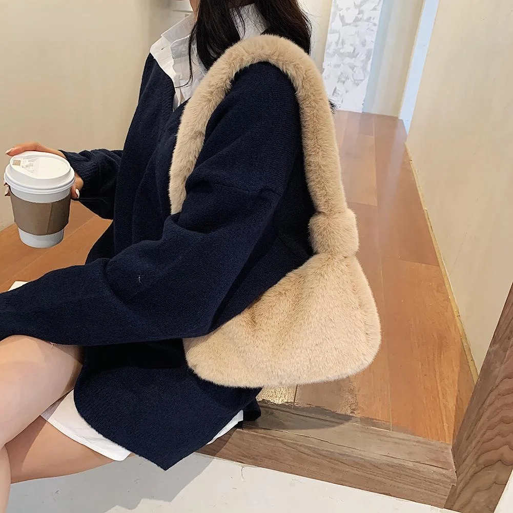 Women Plush Soft Handbag Fashion Solid Color Shoulder Underarm Bag Autumn Winter Fashion Comfortable Fluffy Female Tote Handbag - Image 3