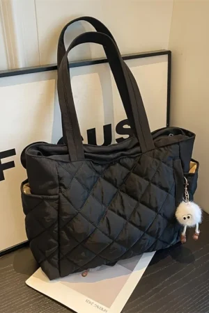 Black Quilted Large Lightweight Women's Tote Bag Adjustable Shoulder Strap, Keychain Charm, Zipper Closure for Commuting, Casual