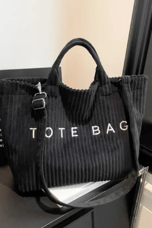 Minimalist Corduroy Striped Embroidered Letters Velcro Tote Bag Large Capacity Adjustable Strap Multifunction for Daily Commute