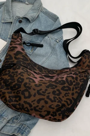 Women Stylish Dumpling Bag Multi-pockets Leopard Print Hobo Sling Bag Adjustable Strap Crescent Crossbody Bag Simple Satchel Bag