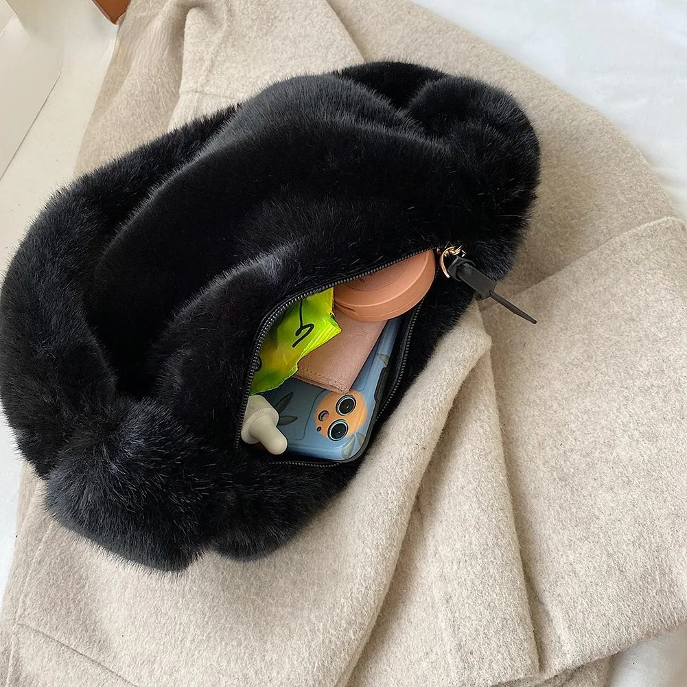 Women Plush Soft Handbag Fashion Solid Color Shoulder Underarm Bag Autumn Winter Fashion Comfortable Fluffy Female Tote Handbag - Image 5