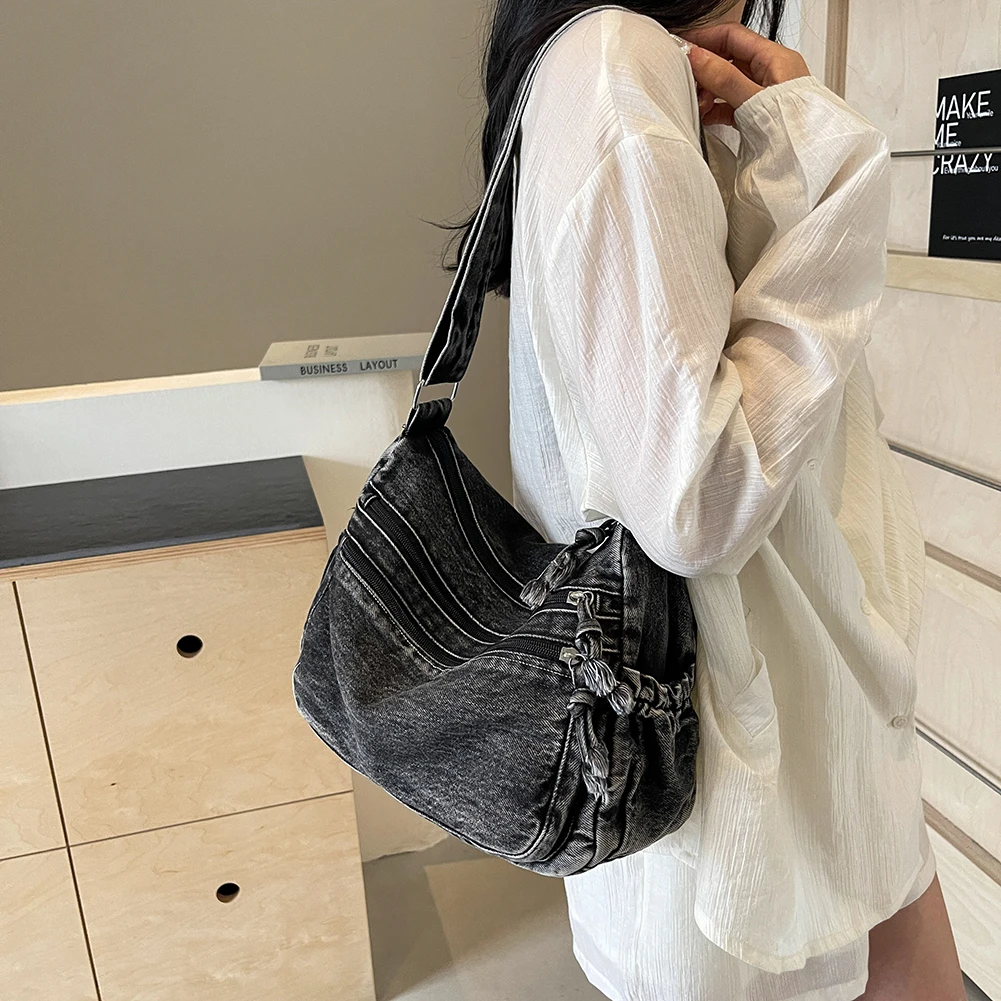 Women Casual Satchel Bag Large Capacity Denim Vintage Messenger Bag Adjustable Strap Daily Tote Bag Multifunction Chic Hobo Bag - Image 2