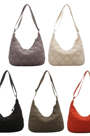 Women Fashion Crossbody Bag Solid Color Quilted Puffer Satchel Bag Adjustable Strap Large Capacity for Autumn Winter